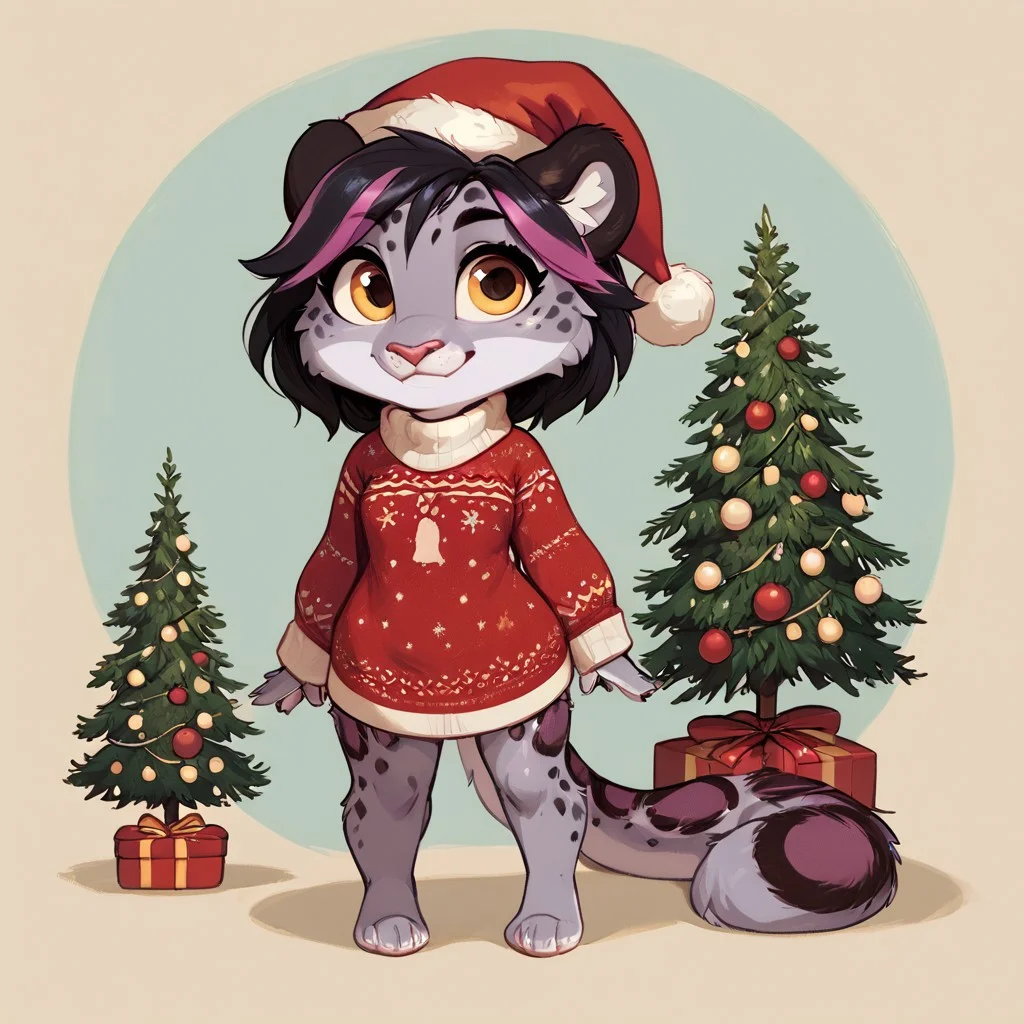 short stack female , solo , ((snow leopard anthro)) , cute , full body , clothed , fluffy_new_year , merry_furistmas , christmas, hat, sweater, santa hat, gift, christmas tree ,
(background)
zPDXL3 , score_9 , score_8 , score_7 , score_6_up , highly detailed , high quality , high res , masterpiece, quality highlights, 8k detail, ultra-detailed,