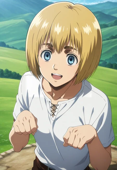 masterpiece, best quality, intricate details, anime screencap, anime coloring, official style, , , 1boy, solo, male focus, <lora:armin_arlert_ilxl:1>, armin_arlert, blonde hair, blue eyes, short hair, bob cut, , , from above, hill, light, paw pose, happy,