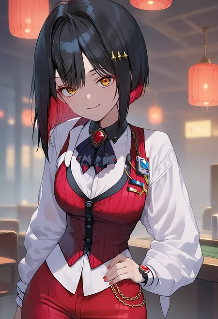 score_9, score_8_up, score_7_up, source_anime,
BREAK
1girl, solo,
<lora:nikkeRougeV1-000010:1>, shirogue, black hair, colored inner hair, yellow eyes, short hair, hairclip, bob cut,
ascot, brooch, red vest, red pants,
looking at viewer, smile,
