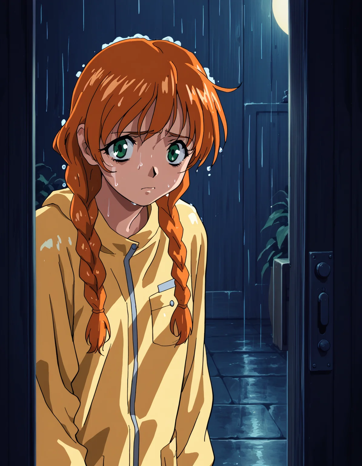 score_9,  score_8_up, score_7_up <lora:VIPER_Only_3:0.5> v1p3r1seV6,
1girl, solo, <lora:jota-extend-ponyxl:0.8> jota, green eyes, orange hair, twin braids, raincoat, flustered, embarrassed, through open door,night, dark, looking at viewer, rain, drenched, drenched hair, wet face