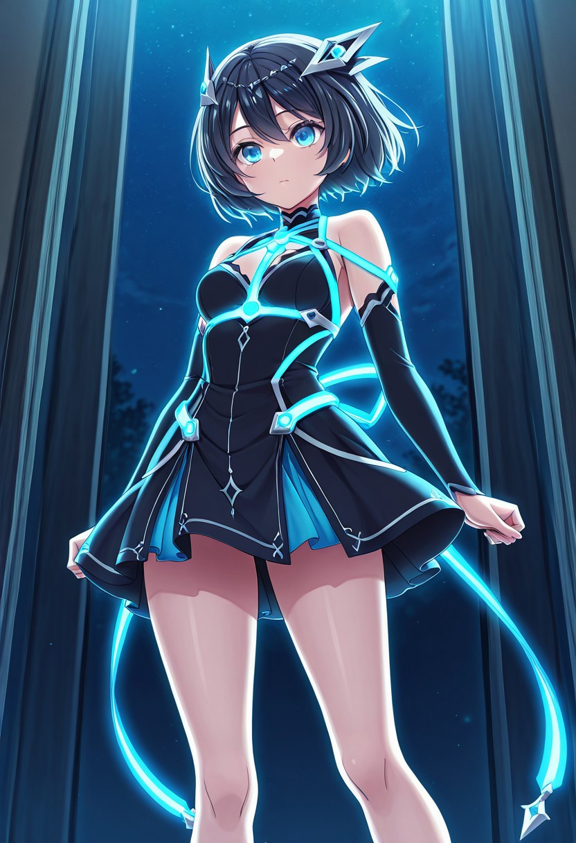 very awa,masterpiece, best quality, good quality,anime coloring,game_cg,1girl ,MidwayMinashigo,black hair,short hair,blue eyes,hair ornament,MidwayDress,glowing harness,standing
