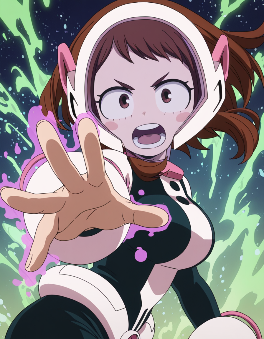 <lora:UrarakaHelmet vPREDv3:1> ur4r4, 0ch4k0,  bodysuit, pink face shield, outstretched arm, reaching out, portrait, shouting, night, glowing aura, green lighting, jumping, floating objects, telekinesis, from side, looking at viewer, floating hair, floating,   , masterpiece, best quality,  very aesthetic