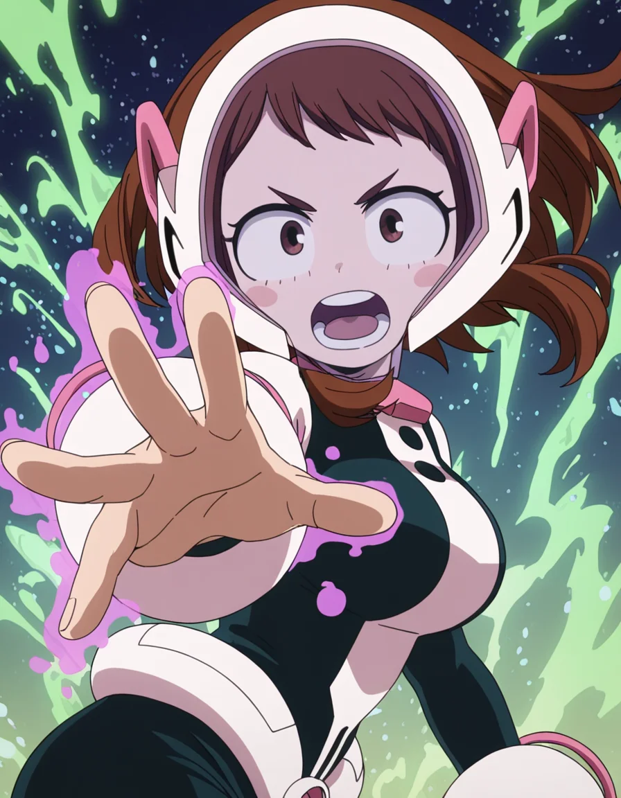 <lora:UrarakaHelmet vPREDv3:1> ur4r4, 0ch4k0, bodysuit, pink face shield, outstretched arm, reaching out, portrait, shouting, night, glowing aura, green lighting, jumping, floating objects, telekinesis, from side, looking at viewer, floating hair, floating, , masterpiece, best quality, very aesthetic