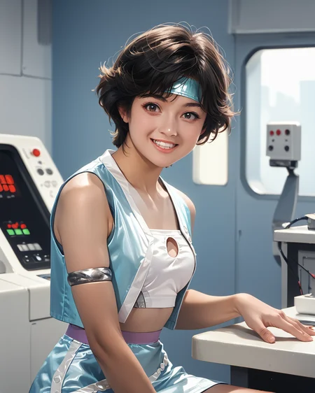 <lora:10_diana_full_2_pdxl-000004:1>, score_9, score_8_up, score_7_up, 1girl, solo, spielban_diana, cost1, brown eyes, black hair, short hair, blue diana_headband, blue diana_vest with white trim, bare shoulders, silver diana_armband, white diana_bandeau, blue diana_skirt with white trim, midriff, sitting, indoors, control room, from side, looking at viewer, lips parted, teeth, upper body, smile