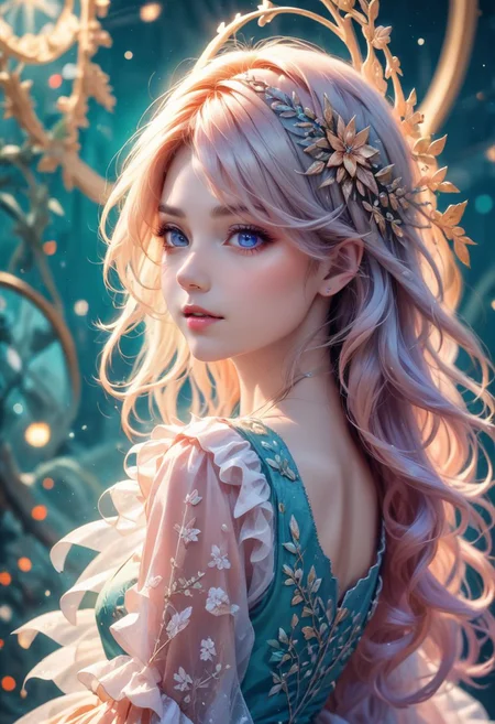 Romantic Rosette dress, (knee shot), full height, low angle shot, (Surreal), (illustration), (Resolution enhancement), (8k), (Very detailed), (Best illustration), (Beautiful and delicate eyes), (best quality), (Super detailed), (masterpiece ), ( wallpaper), (Detailed face),one blonde, curls,(High top fade in and out:1.3), (Smile brightly, bright look), dark theme, soothing tone, pastel colors, high contrast, (natural skin texture, SurrealN;NI, soft light, Impatient),exposure blending, medium shot, Bokeh, (human development report:1.4), high contrast, (Movie, teal and orange:0.85), (pastel colors, fade, soothing tone:1.3), high saturation, (Super detailed:1.2)