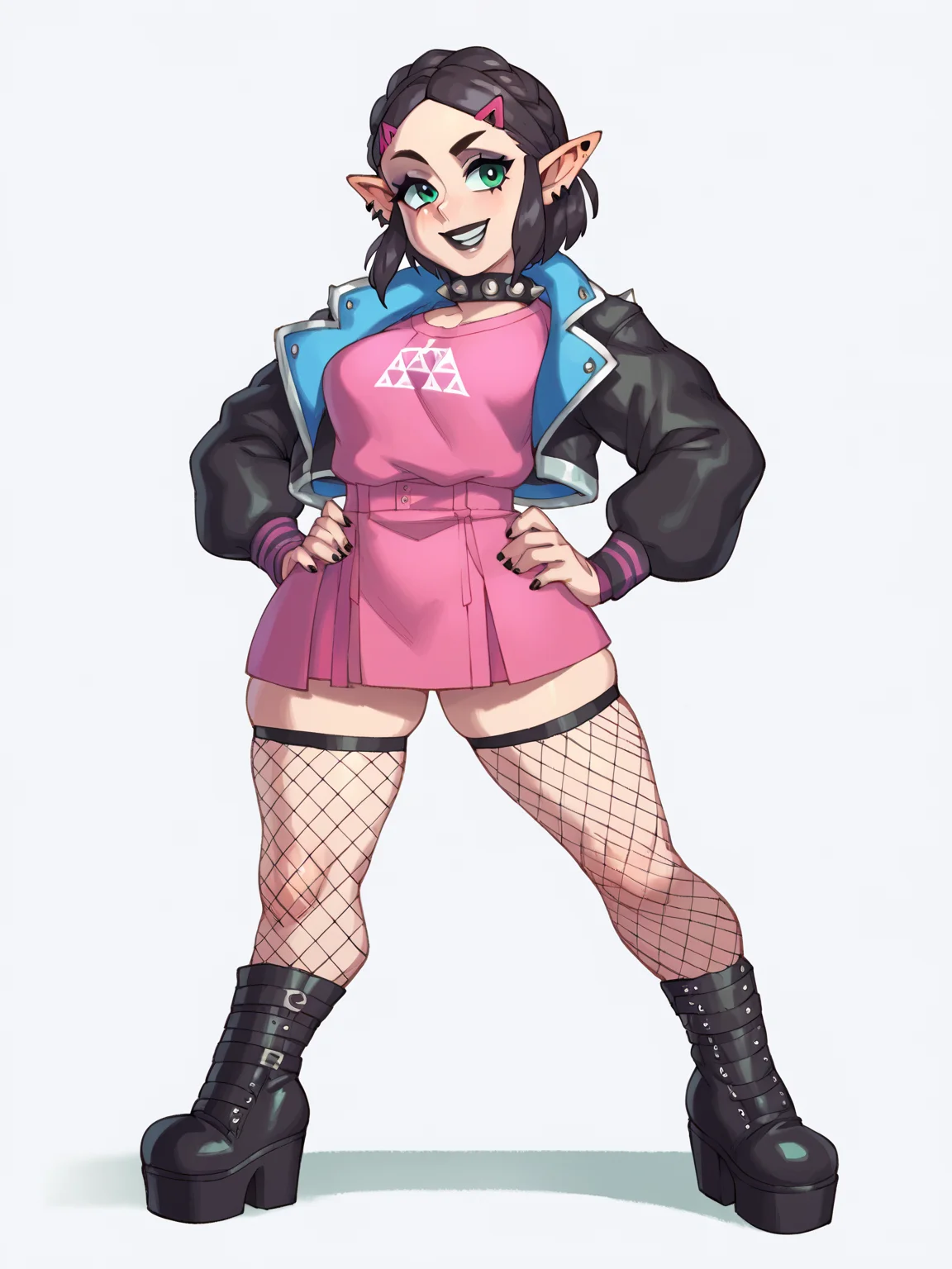 score_9, score_8_up, score_7_up, score_6_up, score_5_up, score_4_up, BREAK, source_anime,
1girl, goth princess zelda, black braided hair, black lips, fishnet stockings, high platform boots, spiked collar, jacket,
hands on hips, standing, smile, looking at viewer, solo, simple background, white background <lora:RizdrawsXL:1>
