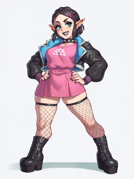 score_9, score_8_up, score_7_up, score_6_up, score_5_up, score_4_up, BREAK, source_anime,
1girl, goth princess zelda, black braided hair, black lips, fishnet stockings, high platform boots, spiked collar, jacket,
hands on hips, standing, smile, looking at viewer, solo, simple background, white background    <lora:RizdrawsXL:1>