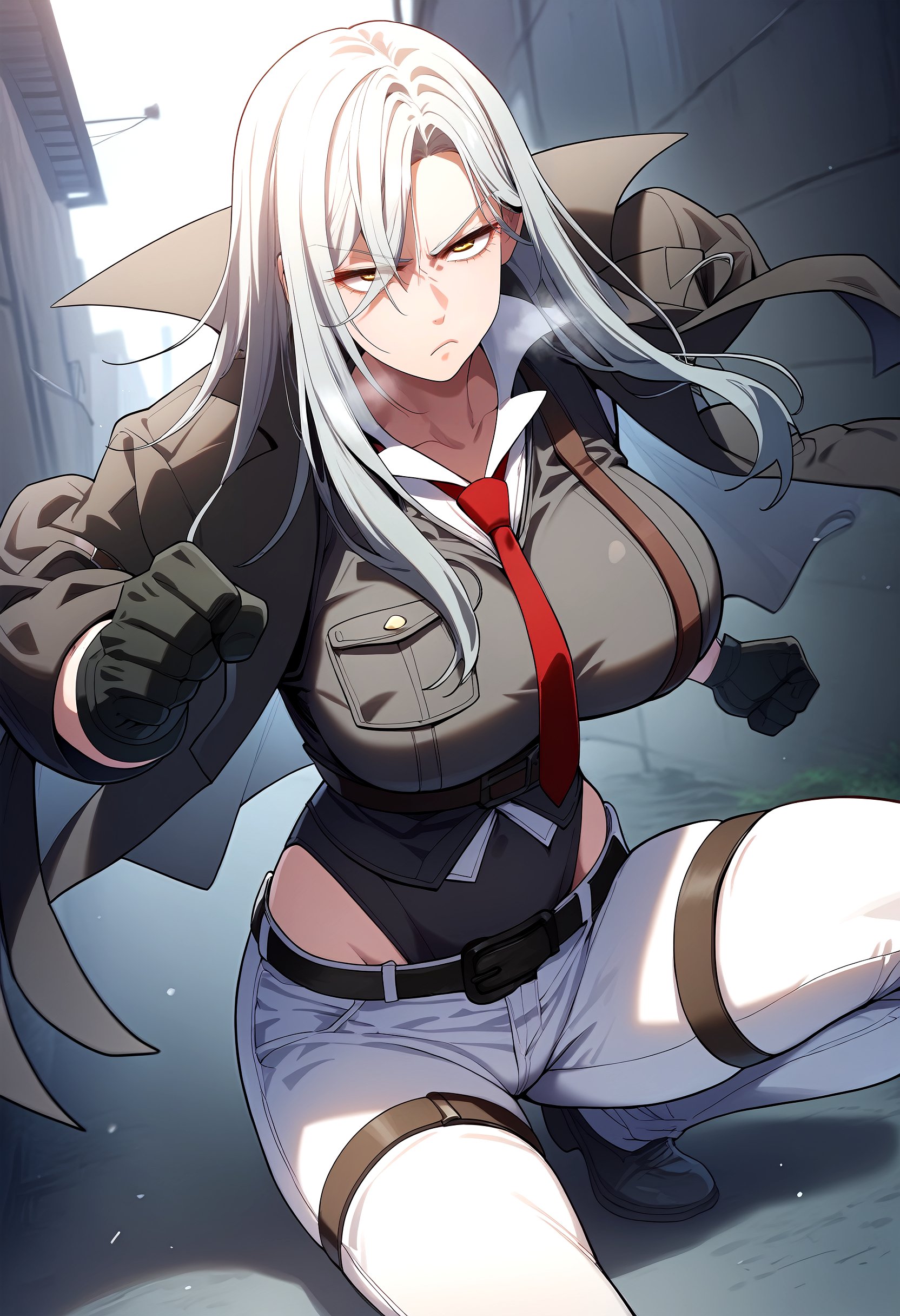 score_9, score_8_up, score_7_up, score_6_up, source_anime, rating_explicit, <lora:neg4all_bdsqlsz_V3.5:2.0>1girl, (solo:1.1), huge breasts, <lora:Carmen Lionheartponyxl:1> long hair, yellow eyes, grey hair, white hair, bangs, red necktie, collared shirt, white shirt, black vest, black jacket, thigh strap, white pants, leotard under clothes, black leotard, belt, jacket on shoulders, black gloves, serious, Narrow shoulders, heavy breathing, steaming body, alley, outdoor, (fighting stance:1.1), (punching:1.1), motion blur, clenched hands