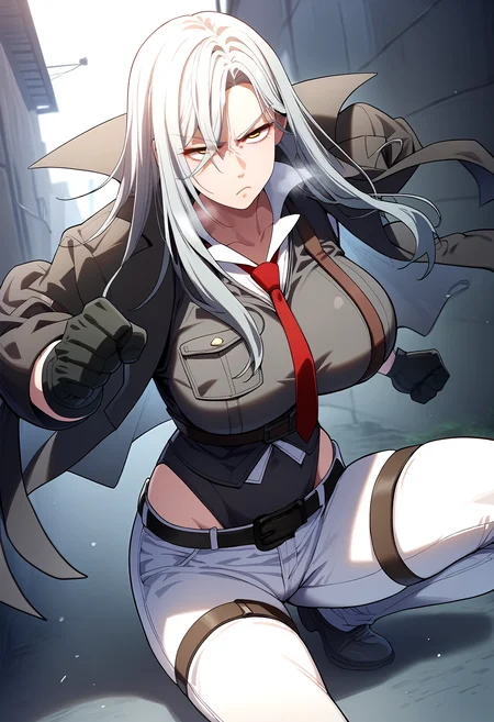 score_9, score_8_up, score_7_up, score_6_up, source_anime, rating_explicit, <lora:neg4all_bdsqlsz_V3.5:2.0>1girl, (solo:1.1), huge breasts, <lora:Carmen Lionheartponyxl:1> long hair, yellow eyes, grey hair, white hair, bangs, red necktie, collared shirt, white shirt, black vest, black jacket, thigh strap, white pants, leotard under clothes, black leotard, belt, jacket on shoulders, black gloves, serious, Narrow shoulders, heavy breathing, steaming body, alley, outdoor, (fighting stance:1.1), (punching:1.1), motion blur, clenched hands