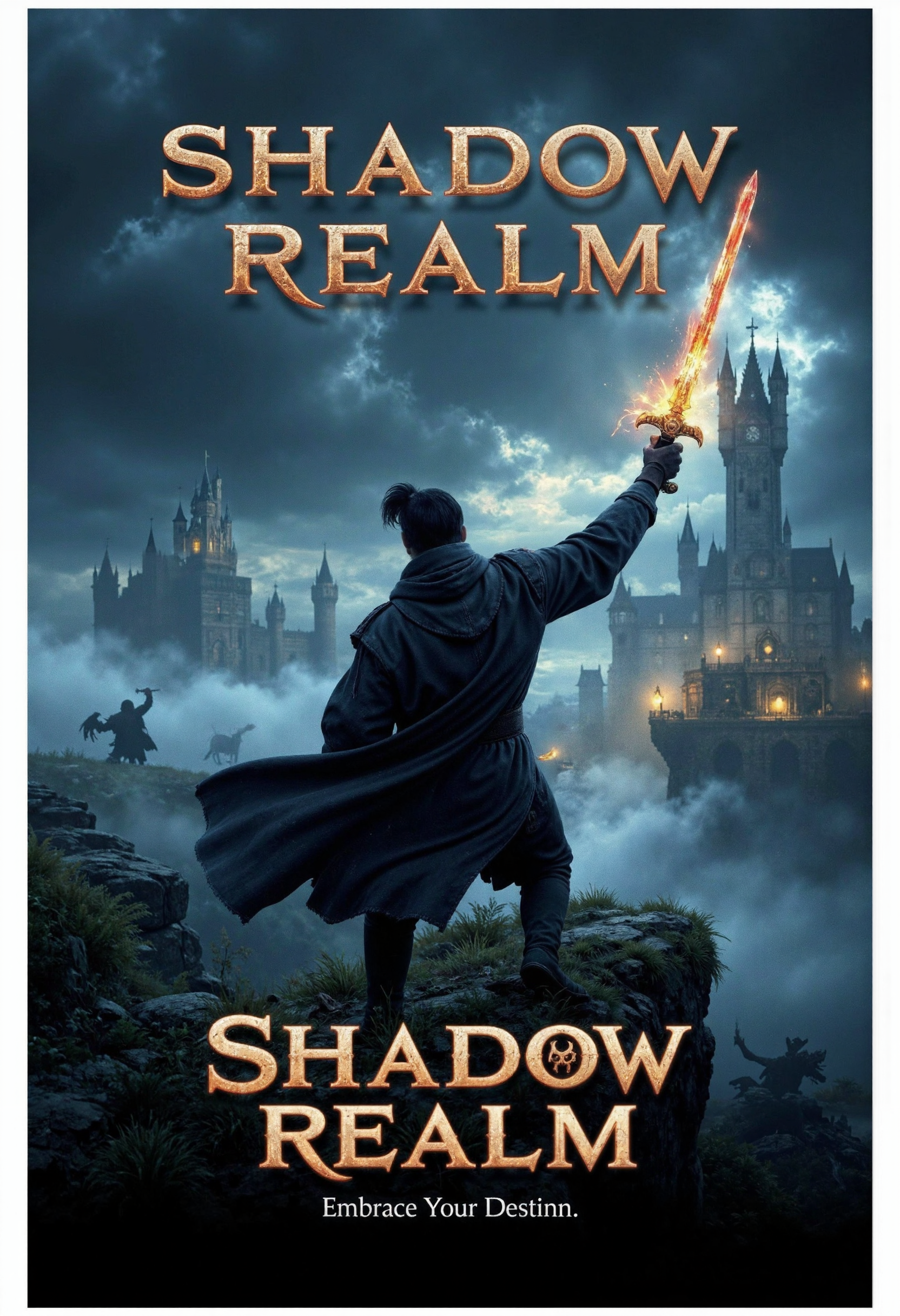 allposter, Design a striking, high-impact game poster for a dark fantasy RPG, centered on a heroic character wielding a powerful enchanted sword, standing atop a cliff overlooking a mystical kingdom. The background features shadowy creatures and towering castles under a stormy sky. Use bold typography for the game title, 'SHADOW REALM,' in metallic letters with a faint magical glow. The tagline, 'Embrace Your Destiny,' appears in an ancient, stylized font<lora:Flux.1_Turbo_Detailer.safetensors:0.75:0.75> <lora:FLUX_All_Posters.safetensors:0.7000000000000001:0.7000000000000001>