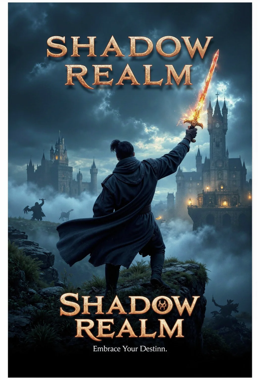 allposter, Design a striking, high-impact game poster for a dark fantasy RPG, centered on a heroic character wielding a powerful enchanted sword, standing atop a cliff overlooking a mystical kingdom. The background features shadowy creatures and towering castles under a stormy sky. Use bold typography for the game title, 'SHADOW REALM,' in metallic letters with a faint magical glow. The tagline, 'Embrace Your Destiny,' appears in an ancient, stylized font<lora:Flux.1_Turbo_Detailer.safetensors:0.75:0.75> <lora:FLUX_All_Posters.safetensors:0.7000000000000001:0.7000000000000001>
