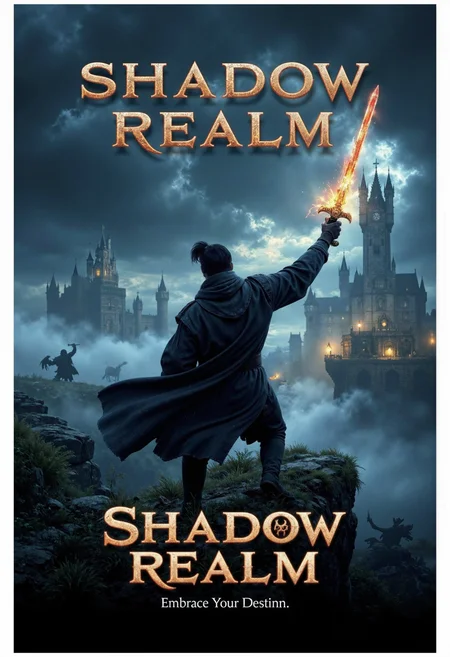 allposter, Design a striking, high-impact game poster for a dark fantasy RPG, centered on a heroic character wielding a powerful enchanted sword, standing atop a cliff overlooking a mystical kingdom. The background features shadowy creatures and towering castles under a stormy sky. Use bold typography for the game title, 'SHADOW REALM,' in metallic letters with a faint magical glow. The tagline, 'Embrace Your Destiny,' appears in an ancient, stylized font<lora:Flux.1_Turbo_Detailer.safetensors:0.75:0.75> <lora:FLUX_All_Posters.safetensors:0.7000000000000001:0.7000000000000001>