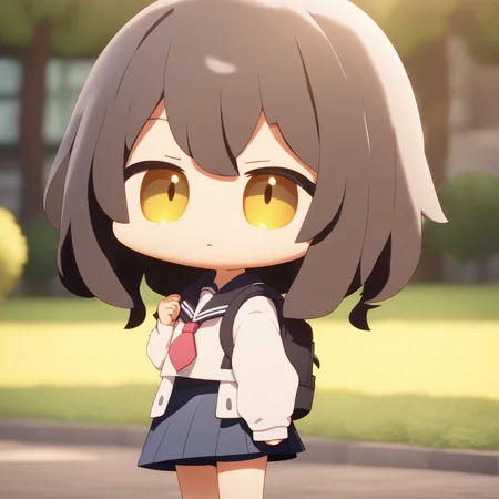 1girl, chibi, school, serafuku, school uniform, 3d, scenery, standing, depth of field, yellow eyes, cute, full body, 8k, high resolution, burry background, lighting