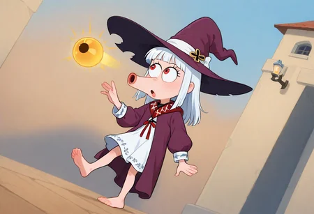 ((dumb_witch, barefoot, uncovered_legs, red_eyes, white_long_hair, hime_cut, witch_clothes, huge_hat, purple_robe, puffy_long_sleeves, white_dress, dress_under_robe, clothes_decorations, red_ribbon, chibi, chibi only, big head, mini person):1.3),
(1girl, solo, surprised face),
((<lora:toon_reaction_eyes_popping_out>, toon reaction, eyes popping out, long eyes, unrealistic eyes):1.3),
(score_9, score_8_up, score_7_up, score_6_up, masterpiece, best quality, newest, amazing quality, highres, enhanced colors,  colored shadows, smooth edges, dynamic angle, wide shot, blending)