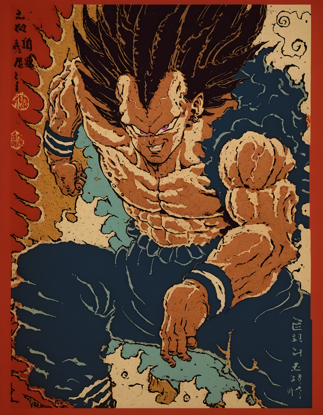 score_9,score_8_up,score_7_up,traditional japanese art,fighting stance,dcr34sed_c0l0ring,cr33pp41nt,1 boy Uulteegguu,evil smile,purple eyes,veins on neck,sky background,official art,official style,perfect composition,detailed face,4k,,,,<lora:dcr34sed-c0l0ring:0.8>,<lora:traditional_Japanese_art:1>,<lora:Sayans_vol3:1>