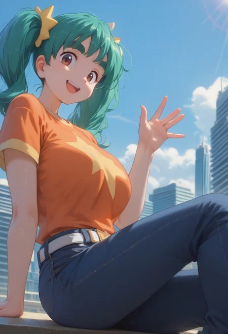 score_9, score_8_up, score_7_up, rating_explicit,1 girl, alone, cute, (voluptuous:1.2), PMDuplica, 1girl, solo, brown eyes, green hair, bangs, twintails, hair tie, thick eyebrows, short sleeves, t-shirt, orange shirt, star print, belt, jeans, orange footwear, sitting, looking at viewer, smile, open mouth, waving arms, BREAK, cityscape, blue sky, sunlight,