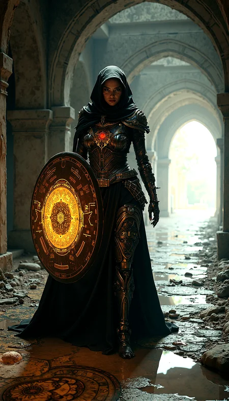 A cybernetic mystic, her face split between robotic and human features, in an ancient, shadowed corridor. She has a glowing red eye, her hooded cloak adorned with golden circuitry patterns. Her armor, a blend of metal and glowing runes, suggests a perfect fusion of magic and technology. The digital artwork is a masterpiece of extreme realism, with perfect illumination, high contrast, and intricate, textured details.
Small pieces of debris scattered across the floor, such as broken tiles, stones, and remnants of past inhabitants.Puddles of water on the uneven floor, reflecting the faint light and adding a sense of dampness.Ornate mosaic patterns on the floor, worn and faded with age but still hinting at past glory. Occasional glimpses of the outside world through cracks or openings, showing distant landscapes or skies.
Defensive Crouch with holographic Shield