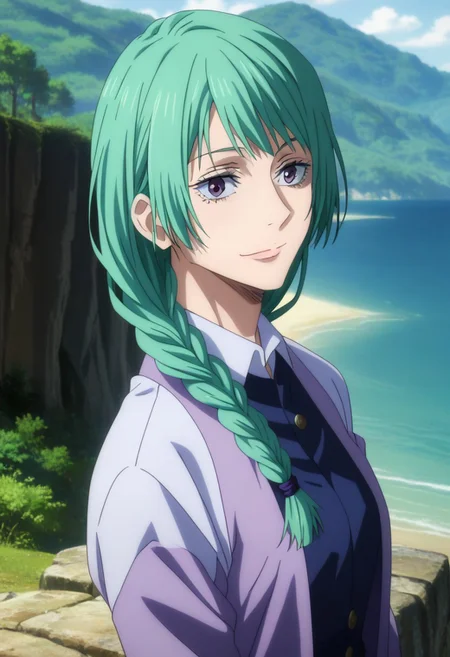 score_9, score_8_up, score_7_up, source_anime, intricate details, anime screencap, perfect balance, official art, extremely detailed CG unity 8k wallpaper, perfect lighting, Colorful, Warm_Front_face_Lighting, (masterpiece:1.0),(best_quality:1.0), ultra high res,4K,ultra-detailed, photography, 8K, HDR, highres, absurdres:1.2, Kodak portra 400, blurry background, bokeh, lens flare, (Anime) (vibrant_color:1.2), professional photograph, night, (good_face:1.2), 2d, anime, upper body, intricate iris, American, 1960s, 1970s, Professional character design, 1girl, female focus, (vibrant amethyst purple eyes), perfect eyes, (bright green-teal hair), (Long Silky smooth hair), (pretty hair), (beautiful hair), (curtain bangs), braided hair, preppy, white dress shirt, youthful, feminine, sultry, solo, jujutsu_kaisen_style, character portrait, (perfect-lighting, lens flare), face, torso, (Charming) (Beautiful) (Elegant) (Sophisticated smile), feminine, young, (Wealthy, manor, extravagant, ornate embellishments, coastal, shore, cliff), warm sunlight, daylight, (sunlight), (warm lighting), comfortable lighting. turquoise hair, vibrant purple eyes, amethyst eyes, slimes_mjur, soft hair, fluffy hair