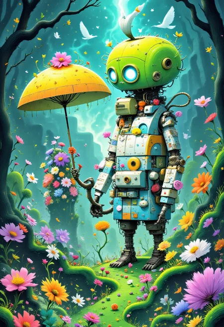 Imagine a world where technology has advanced to levels previously unimaginable. Machines possess intelligence rivaling that of humans, and communication happens instantaneously without physical devices. Every aspect of daily life is streamlined, from personal transportation to home maintenance.
Robotics has evolved to create humanoid beings capable of independent thought, emotions, and movement, coexisting alongside organic life forms. Space travel becomes commonplace, with colonies established on distant planets and moons. Even the fabric of reality appears altered, with energy fields permeating the air, granting powers once reserved for gods.
And stand there a robot from the 1900's made of analog stereo equipment, holding an umbrella in the rain. 
big-eyes, nature, watercolor, contemporary, humor, ornate, pen-and-ink, sketching, colorful, illustration, romance, vibrant, concept-art, Figurativism, pastel-colors, characters, digital, dreaminess, environmentalism, fantasy, manga-anime, whimsy, dark, magic, other-worldliness, surreal, 
beautiful, painterly, detailed, textural, artistic, aesthetic, intricate details, highly detailed, vivid, vibrant, 
aidmafluxpro1.1, WackyGraphDaal