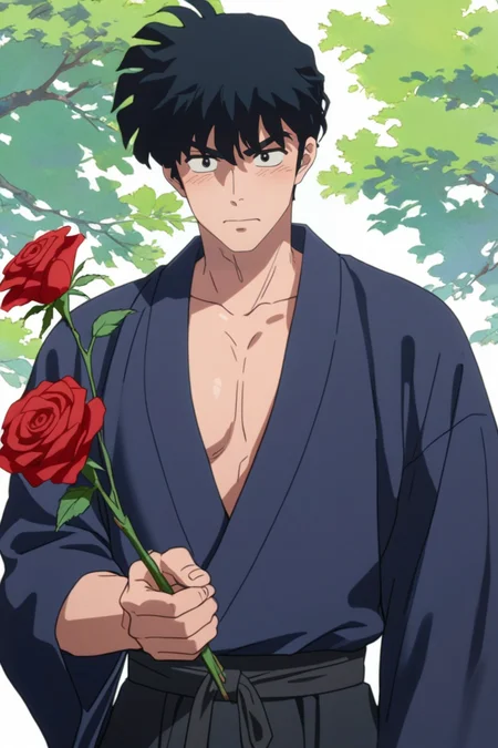 gay male, zPDXLxxx, source_anime, score_9, score_8_up, score_7_up, score_6_up, score_5_up, score_4_up <lora:Tatewaki_Kuno:0.7> 1boy, male focus, tatewaki_kuno, black hair, black eyes, thick eyebrows, japanese clothes, kimono, open clothes, large pectorals, holding red roses, blushing <lora:Expressive_H:1> startled expression, expressiveh