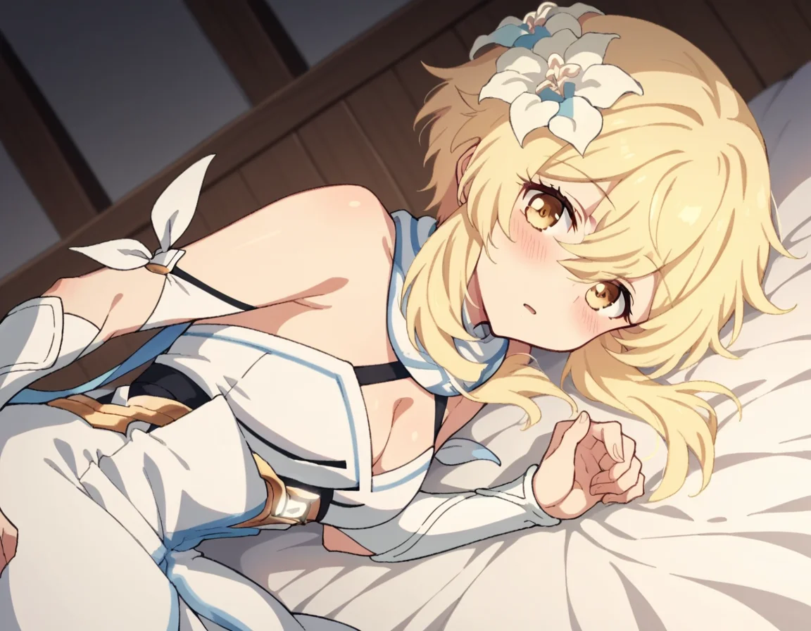 score_9, score_8_up, score_7_up, source_anime,
genshinlumine, <lora:genshin-lumine-2024-short-ponyxl-lora-nochekaiser:1>,
lumine, bangs, blonde hair, hair ornament, hair between eyes, yellow eyes, flower, hair flower, feather hair ornament,
dress, bare shoulders, detached sleeves, scarf, white dress, white footwear, cleavage, detached collar,
indoors, bed, bed room, on side, blush, drunk,
looking at viewer, solo, dutch angle, cowboy shot,