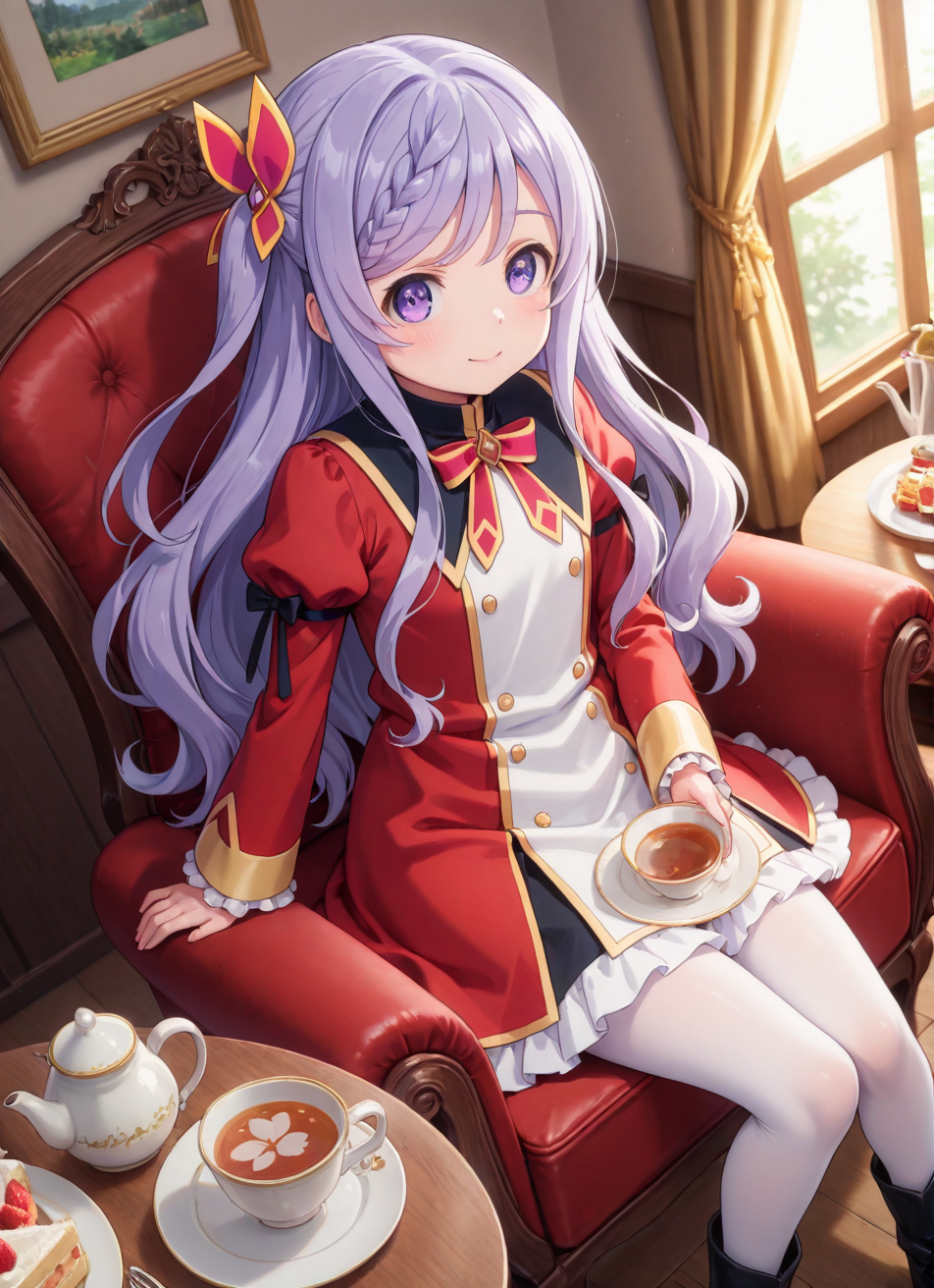 source_anime BREAK prefect lighting,very aesthetic,prefect hands,best quality,
intricate details,highly detailed background,(masterpiece:0.9),high quality,lustrous_skin,skindentation,(zPDXL3),
ultra delicate hair,
face_detail,
skin_detail,<lora:cfg_scale_boost>,
lustrous_skin,skindentation,
shiny skin,
<lora:seirei_gensouki_-_flora_beltrum_s1_il:0.7>,seirei_gensouki_-_flora_beltrum_s1,long_hair,purple_hair,hair_ornament,braid,purple_eyes,aged_down,flat_chest,
bow,ribbon,red_dress,long_sleeves,frills,juliet_sleeves,puffy_sleeves,white_pantyhose,black_footwear,
masterpiece,best quality,amazing quality,masterpiece,best quality,ultra-detailed,Best-A,Medium-B,Low-C,Bad-D,cute,in spring,indoor,bedroom,couch,window_,fireplace,curtains,armchair,table,cake,cup,teapot,light_blush,happy,dynamic_angle,looking at viewer,
(drink tea:1.5),sitting,