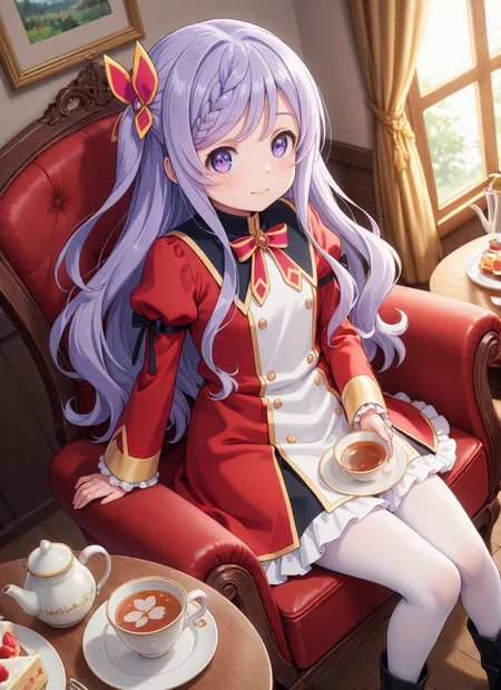 source_anime BREAK prefect lighting,very aesthetic,prefect hands,best quality,
intricate details,highly detailed background,(masterpiece:0.9),high quality,lustrous_skin,skindentation,(zPDXL3),
ultra delicate hair,
face_detail,
skin_detail,<lora:cfg_scale_boost>,
lustrous_skin,skindentation,
shiny skin,
<lora:seirei_gensouki_-_flora_beltrum_s1_il:0.7>,seirei_gensouki_-_flora_beltrum_s1,long_hair,purple_hair,hair_ornament,braid,purple_eyes,aged_down,flat_chest,
bow,ribbon,red_dress,long_sleeves,frills,juliet_sleeves,puffy_sleeves,white_pantyhose,black_footwear,
masterpiece,best quality,amazing quality,masterpiece,best quality,ultra-detailed,Best-A,Medium-B,Low-C,Bad-D,cute,in spring,indoor,bedroom,couch,window_,fireplace,curtains,armchair,table,cake,cup,teapot,light_blush,happy,dynamic_angle,looking at viewer,
(drink tea:1.5),sitting,