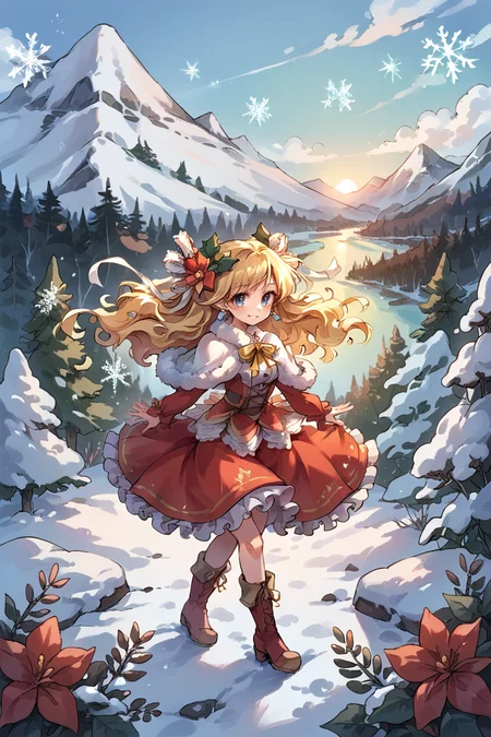 (score_9, score_8_up, score_7_up), source anime, <lora:backgroundsetXL:0.2> , background, scenery, nature, winter, snow, snowflakes, sparkles, glitter, fairies, outdoors, trees, mountain, BREAK
<lora:Priscilla:0.7> , prdef, 1girl, blonde hair, blue eyes, long hair, flower, hair ornament, hair ribbon, white hair ribbon, neck ribbon, yellow neck ribbon, hair flower, earrings, capelet, fur-trimmed capelet, dress, red dress, layered dress, frilled dress, red sleeves, white shirt, frills, ruffles, lace, boots, full body, smile, christmas (theme), looking at viewer, <lora:sxz-bqt-smol-pdxl:0.6> , bqt style,