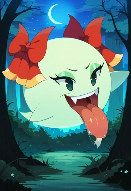 (masterpiece, best quality), score_9, score_8_up, score_7_up, score_6_up, score_5_up, BREAK,
<lora:Paper_Mario_Female_Boos:1>, 1girl, solo, boo_spirit, lady_bow, green skin, hair bow ribbons, sticking tongue out, fangs, floating, BREAK,
forest, night, small moon