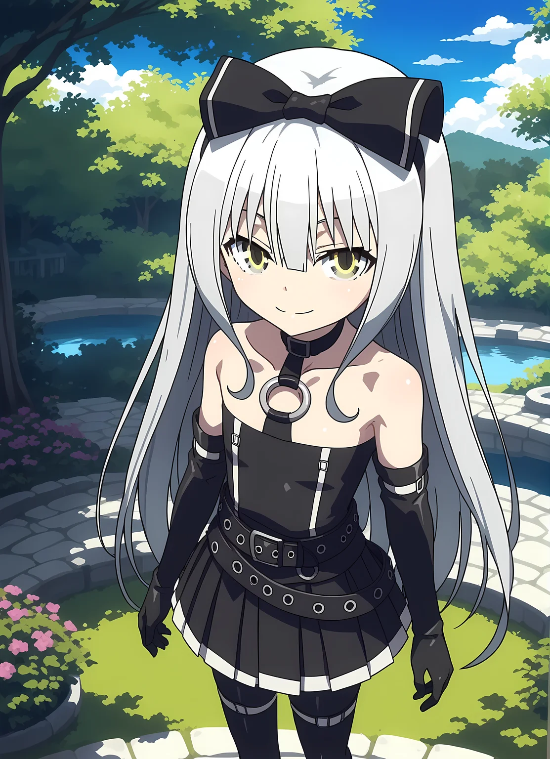 score_9,score_8_up,score_7_up,looking at viewer, shiny skin, upper body, light smile, petite,ohwx, grey_hair, long_hair, yellow_eyes, collarbone, very_long_hair, grey_eyes, hair_between_eyes, white_hair, short_hair, flat_chest, breasts,bare_shoulders, choker, bow, hair_bow, collar, ribbon, dress, skirt, black_bow, belt, black_dress, hair_ribbon, pantyhose, cosplay, gloves, elbow_gloves, black_pantyhose, hairband, thighhighs, shoes, necktie, pleated_skirt, o-ring, gothic_lolita, Traditional Japanese courtyard garden with stone path, lanterns, and small pond, calm and serene,<lora:sora_pony_sobsynapse-000003:0.9>
