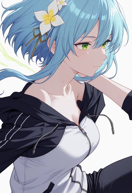 Smooth Quality,masterpiece,very intricate, high quality details, ultra realistic, high detailed skin,detailed enviorement,absurdres,
hand on own neck,
<lora:Villhaze_CNR:0.8> villhaze_cnr, 1girl,blue hair, short hair with long locks, green eyes, hair between eyes, hair flower,bare shoulders,, simple background, white background, from side,
jumping pose, arms spread wide, legs bent mid-air, joyful expression, dynamic energy, ,, ;),, zip-up hoodie, ,biker jacket, ,pants,,