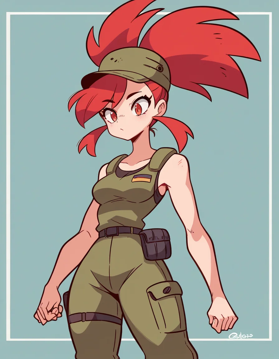 zPDXL, score_9, score_8_up, score_7_up, source_anime, 1girl, solo,
<lora:diives_v2-20:1> diives, (portrait),, Pokemon, Flannery, red hair, medium breasts, long hair, :o, holding hands, soldier wearing Sleeveless top with tactical vest, cargo pants, combat boots, boonie hat