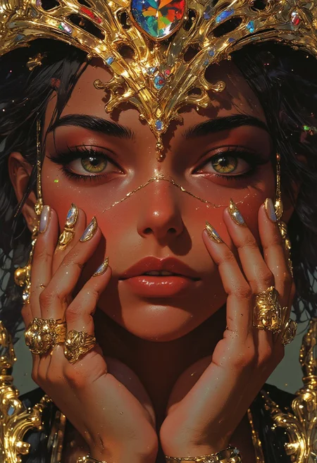 A high-resolution, dramatic digital close-up portrait captures the stunning features of a woman’s face, focusing on her eyes, nose, and lips. Her deep, rich brown skin tone is the perfect canvas for her striking green eyes, which are enhanced by bold, glittering gold eyeshadow that glimmers in the light. Her well-groomed, dark eyebrows frame her eyes with precision. A small gold nose ring adorns her left nostril, while her full, glossy lips are painted in a deep, rich red, exuding a sense of elegance.
Her face is adorned with ornate gold jewelry, intricately designed with sparkling gemstones. The jewelry gracefully covers her forehead, nose, and hands, adding to the regal aura. Multiple gold rings, each set with colorful gemstones, adorn her fingers, which are positioned delicately to frame her face, emphasizing the grandeur of her look. 
The background fades into soft, neutral tones, keeping the focus solely on her face and the luxurious adornments. The texture of the gold and the shimmer of the gemstones exude an opulent, high-fashion feel. Soft, even lighting enhances the rich details, creating a polished, elegant atmosphere that highlights the beauty of both the woman and her jewelry.