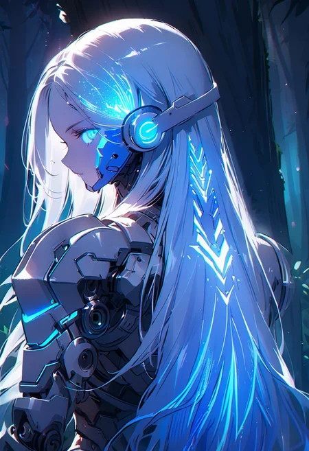 ((masterpiece), (best quality), (ultra-detailed),
illustration, 3DMM,
1woman, deep blue eyes, blue hair , very long hair, forehead, black footwear, high heels, standing, looking at viewer, trees, night sky, stars, forest, futuristic, hand prosthesis, scifi , lrg prosthesis, glossy, armor, cyborg, perfect body, silver and blue glow, mechanical joints, from back, chiaroscuro shading,
prostheses, cyber prostheses, glowing hair, detailed face, blue particle, upper body, face focus, white gaming headphones,)
