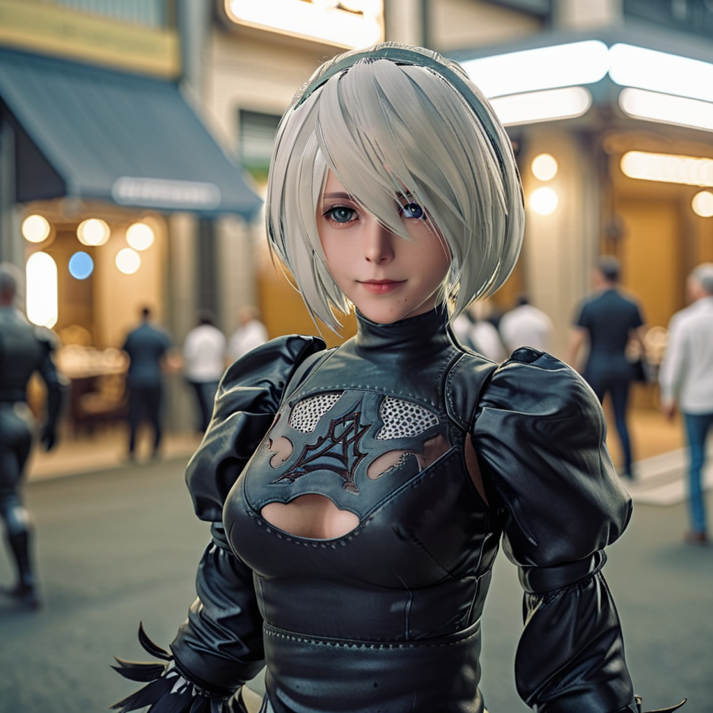 cinematic photo yorha2b,<lora:yorha2b_sdxl_V10-000008:0.65>,looking at viewer,smirking,full body,plate_armor, . 35mm photograph, film, bokeh, professional, 4k, highly detailed, <lora:oowoman:0.7>