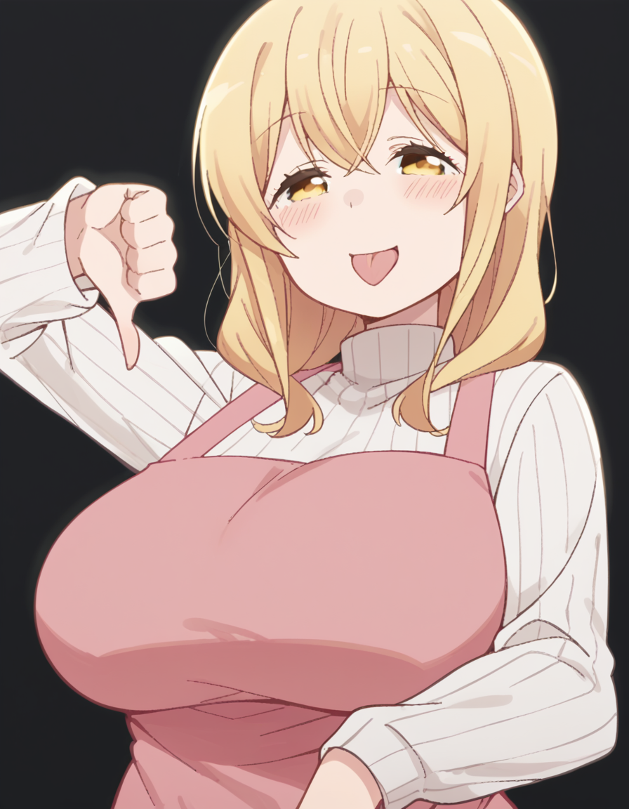 score_9, score_8_up, score_7_up, source_anime, <lora:ayaka-sunohara-s1-ponyxl-lora-nochekaiser:1>, ayaka sunohara, long hair, bangs, blonde hair, yellow eyes, mature female,, long sleeves, yellow eyes, large breasts, apron, sweater, turtleneck, ribbed sweater, turtleneck sweater, white sweater, pink apron, oasis, water, palm trees, desert, life, smile, <lora:thumbs-down-ponyxl-lora-nochekaiser:1>, thumbs down, blush, from below, smug, tongue, tongue out, open mouth, black background, looking at viewer, solo,, dutch angle, cowboy shot
