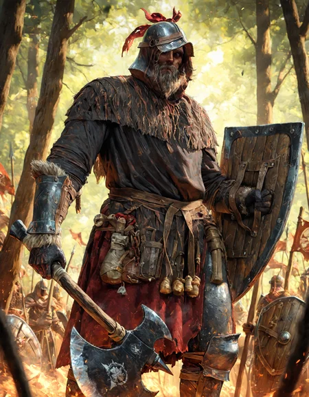 <lora:Bunsmtg-D-000104:0.8> m4th3g4, Warrior, wearing Heavy armor, axe, shield, rugged with a battle-worn appearance, masterpiece, best quality, amazing quality, <lora:cfg_scale_boost:1.0>,
