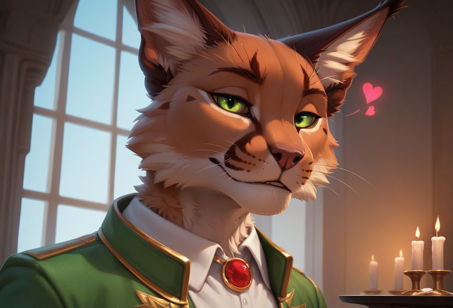 score_9, score_8_up, score_7_up, score_6_up, 1anthro,  male, , furry, detailed fur, anthro, eyes, , perfect face, detailed eyes, perfect eyes, sexy, sexy boy, beautiful eyes, perfect cute face, petite body, face focus, low angle, close up, looking at viewer,  face focus, indoors, dinner party, ballroom, palace, nighttime, dark, candles, candlelight, evening,
 floating hearts,
seductive pose, enticing viewer, horny, horny expression, horny face, 
detailed eyes, perfect eyes, beautiful eyes, , bedroom eyes, detailed eyes, perfect eyes, beautiful eyes, , detailed fur, tail, eyes, realistic fur, , solo, 1 boy, young, (((handsome, detailed face and eyes))), tail, whiskers, facial hair, caracal, white undershirt, feline, jewelry, furry, green eyes, shirt, Kadaj_Lyre, 1boy, solo, furry male, animal ears, bedroom background, collared shirt, Kadaj, male focus, black trousers, brown fur, gold trim, colored sclera, white shirt, gold shirt, green jacket, tan fur, jacket, cat tail, black pupils, <lora:Kadaj_-_Lyre:0.4>
tail, uncensored,
<lora:princess_xl_v1:1> <lora:Expressive_H:0.65> <lora:g0th1cPXL:0.45> <lora:incase-ilff-v3-4:0.3>