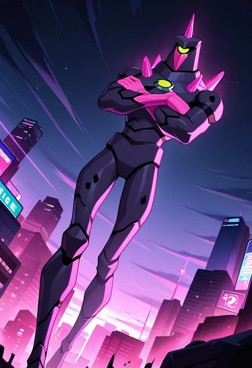 masterpiece, best quality, amazing quality, very aesthetic, absurdres, newest,
, chromastone, no humans, solo, single pink horn, one-eyed, green eye, pink spikes, glowing, dark armor, , pink hands, pink face mask
crossed arms, floating pose, , floating, straight legs, city view, from below,
