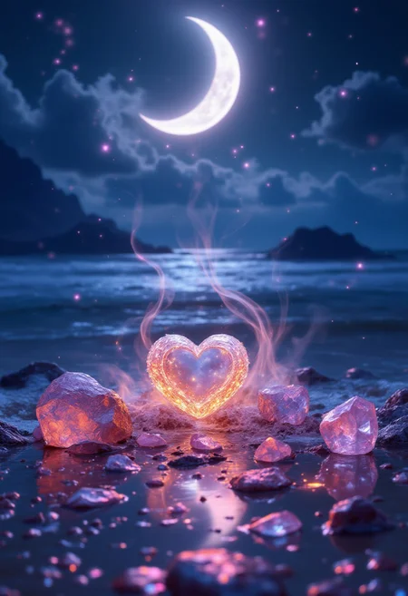 aidmafluxpro1.1, A photograph capturing the serene beauty of a waning moon hanging in the night sky above a tranquil beach. The scene is adorned with vibrant heart shaped jewelry, their petals reflecting the moonlight. Transparent stones and diamond crystals are scattered in a shallow pool of water, creating a magical and ethereal atmosphere. Wisps of fantasy-inspired smoke dance in the air, adding an otherworldly touch to the scene. The high-definition (HD) and 8K resolution image beautifully captures every detail, making it a visual masterpiece. (Taken with a high-quality camera, using low-light settings and a focus on crystal-clear details.)