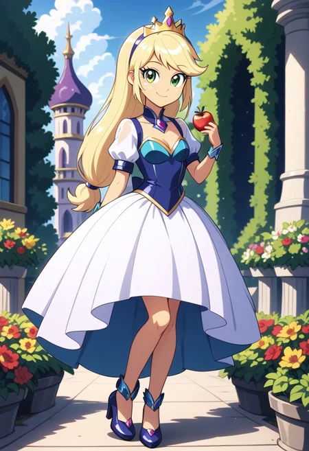 score_9, score_8_up, score_7_up, score_6_up, from My Little Pony Equestria Girls, a very young little human girl Applejack wearing a fit blue|sky|green|brown|darkpurple|red|yellow gradients colors short princess dress, elegant detailed princess shoes, solo, 1girl, little princess girl, gradient golden blond hair with crown hairband, smile, childhood, looking at viewer, glow detailed eyes, garden of canterlot, tul, chiffon, laces, semi realistic cartoon, unreal engine 5,  full body close-up, absurdres, digital art, soft light, perfect hands, perfect, hands, perfection, soft orange skin, green eyes, apples accesories and shoes, jewelery, tres chic,<lora:age_slider_v4:-4>,