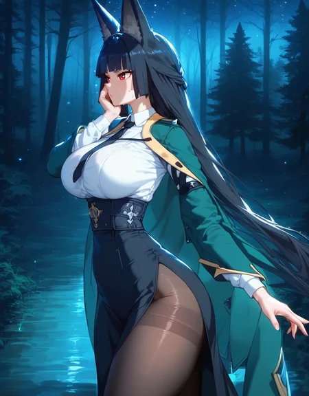 (score_9,score_8_up,score_7_up), masterpiece, best quality, Expressiveh, 1girl, red eyes, (black eyelashes), white pupils, blunt bangs, (fox ears), (cute face), side brides, (black hair), (very long hair), light pink lips, straight hair, (perfect hands), shiny skin, sweat body, (semi big breasts), huge hips, thick thighs,
zzzmiyabi, green cape, jacket on shoulders, white shirt, black necktie, black skirt, high-waist skirt, pantyhose, (long skirt), (side slit), long sleeves,
expressionless, looking away, frown,
walking, from side, one hand on face,
night, moonlight, foggy night, starry sky, inside a forest, (forest:1.4), trees, in forest,
<lora:Expressive_H:0.8>, <lora:zzzmiyabi.pony:0.85>, <lora:AIã¤ã©ã¹ããããã:0.5>, <lora:QTY-Pony_DetailV2.0:0.5>, <lora:InniePussy1 Pony v2:0.65>