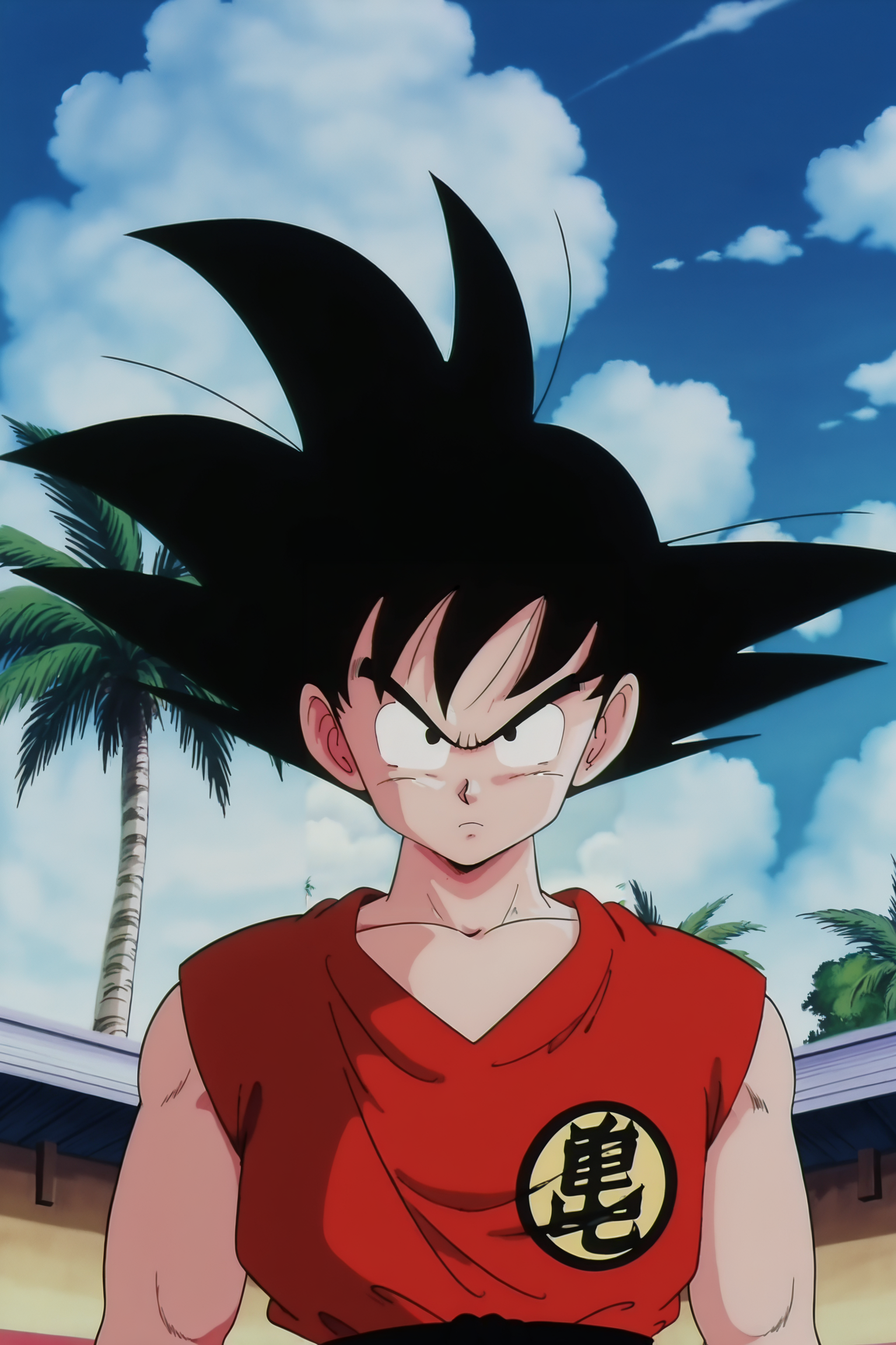 anime screencap, masterpiece, best quality, amazing quality, very aesthetic, absurdres,  newest, official style,
son goku, teenage, solo, looking at viewer, shirt, black hair, 1boy, collarbone, upper body, male focus, outdoors, sky, sleeveless, day, cloud, black eyes, tree, blue sky, frown, cloudy sky, spiked hair, red topwear, serious, palm tree, symbol, print topwear, v-shaped eyebrows, clothes writing, arms at sides, 1980s \(style\), dougi, arena, retro artstyle, bare arms
 <lora:SonGoku_IL:0.8>