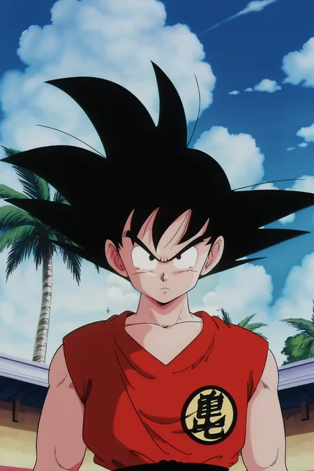 anime screencap, masterpiece, best quality, amazing quality, very aesthetic, absurdres, newest, official style,
son goku, teenage, solo, looking at viewer, shirt, black hair, 1boy, collarbone, upper body, male focus, outdoors, sky, sleeveless, day, cloud, black eyes, tree, blue sky, frown, cloudy sky, spiked hair, red topwear, serious, palm tree, symbol, print topwear, v-shaped eyebrows, clothes writing, arms at sides, 1980s \(style\), dougi, arena, retro artstyle, bare arms
<lora:SonGoku_IL:0.8>