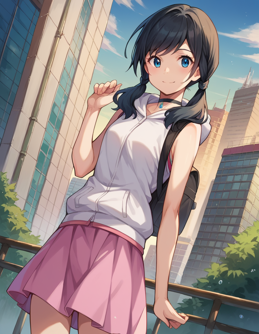 score_9, score_8_up, score_7_up, source_anime,
hinaamano, <lora:hina-amano-ponyxl-lora-nochekaiser:1>,
hina amano, black hair, twintails, blue eyes, smile,
skirt, jacket, sleeveless, choker, hood, bag, hoodie, white jacket, backpack, hood down, hooded jacket, pink skirt, sleeveless jacket, sleeveless hoodie,
outdoors, cityscape,
looking at viewer, dutch angle, cowboy shot,