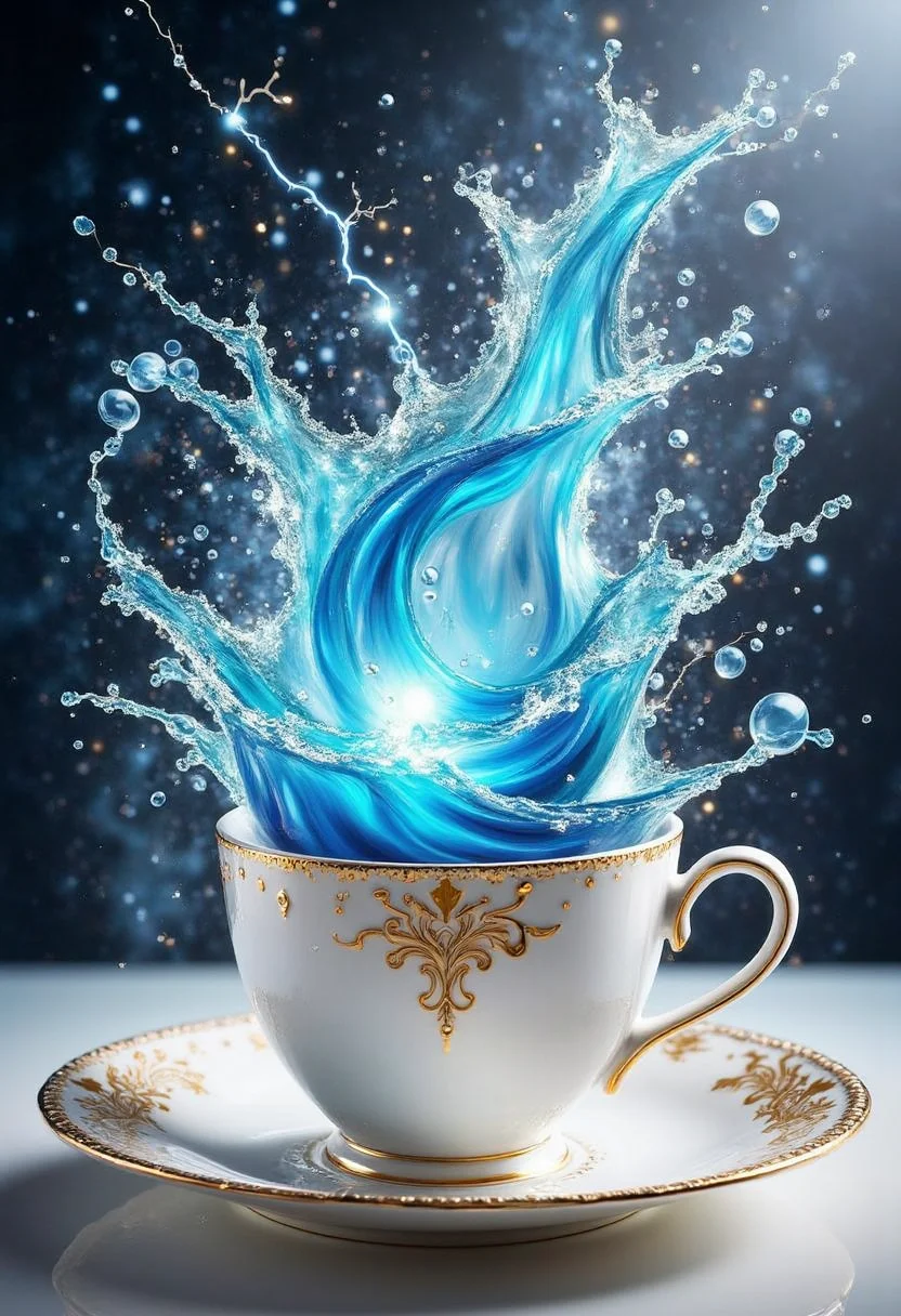 yfg-c0ff A beautiful white porcelain tea cup with gold ornaments and a blue energy wave inside splashing all around. Photo realistic, concept art, background, illustration, glowing, sparks, lightning