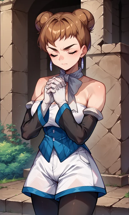 score_9, score_8_up, score_7_up, score_6_up, source_anime, sheenapkmn, 1girl, solo, brown hair, short hair, triple bun, dangle earrings, white bowtie, white shirt, strapless shirt, white shorts, underbust, white gloves, elbow gloves, detached sleeves, black pantyhose, cowboy shot, own hands clasped, hands up, praying, outdoors, ruins, sunset, serious, closed eyes, head down, big breasts,