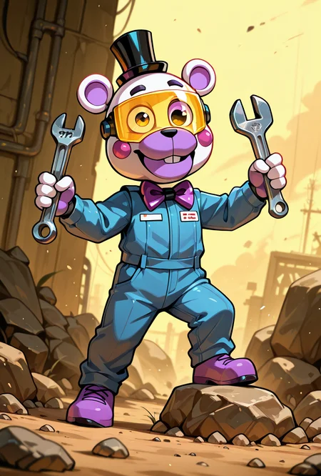 <lora:helpi-10:1> helpi, solo, top hat, bowtie, animal ears, mini hat, furry, . teddy, animatronic, robot, toy , rock sign, holding wrench, blue jumpsuit, yellow single eye visor, masterpiece, best quality, amazing quality, very aesthetic, absurdres, newest,