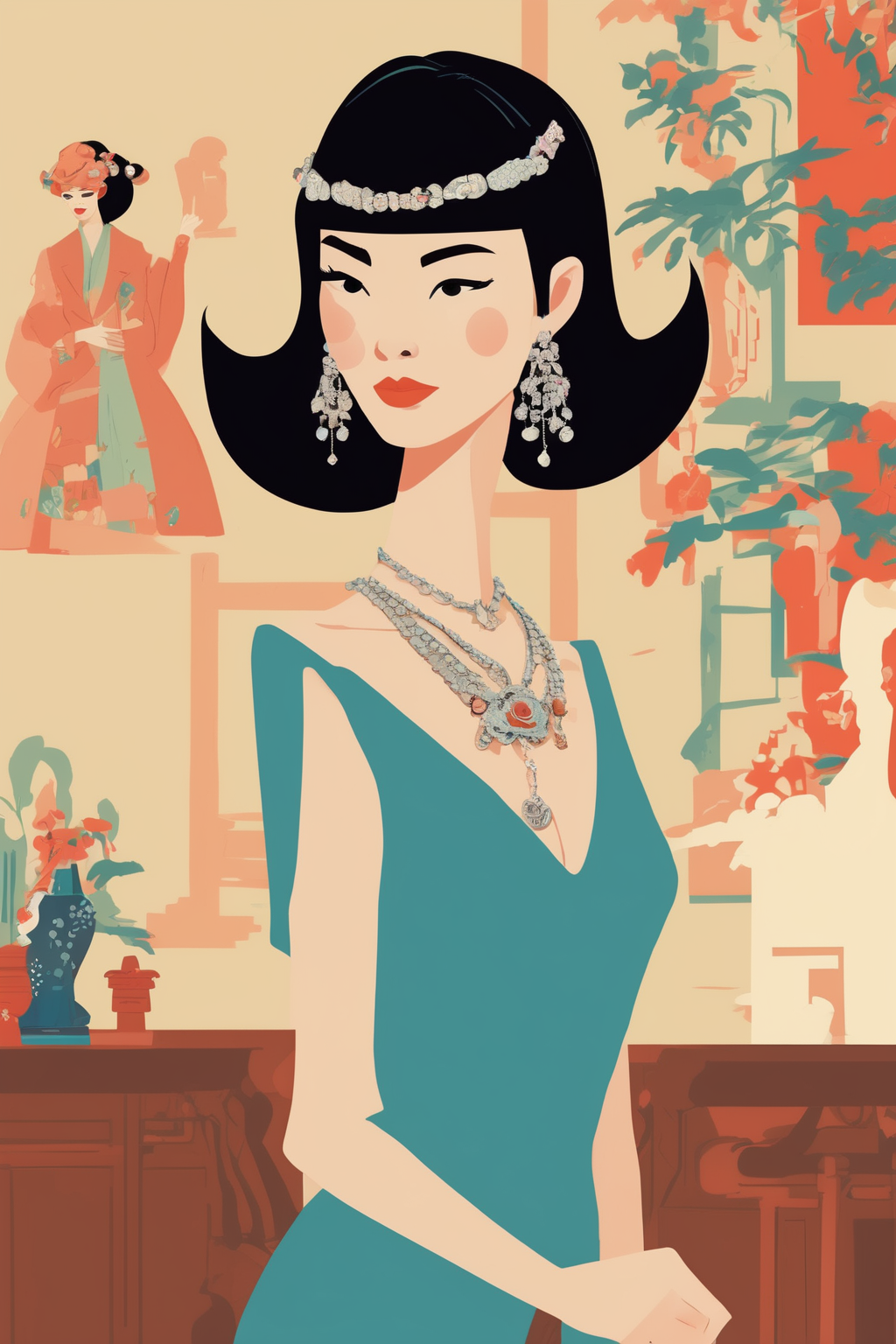 Josh Agle Style - fashionable slim young Chinese woman, tall wig, wearing a dress, gloves, jewelry. San Francisco in the 1960s. In the style of Josh Agle.
