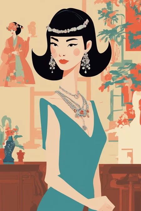 Josh Agle Style - fashionable slim young Chinese woman, tall wig, wearing a dress, gloves, jewelry. San Francisco in the 1960s. In the style of Josh Agle.